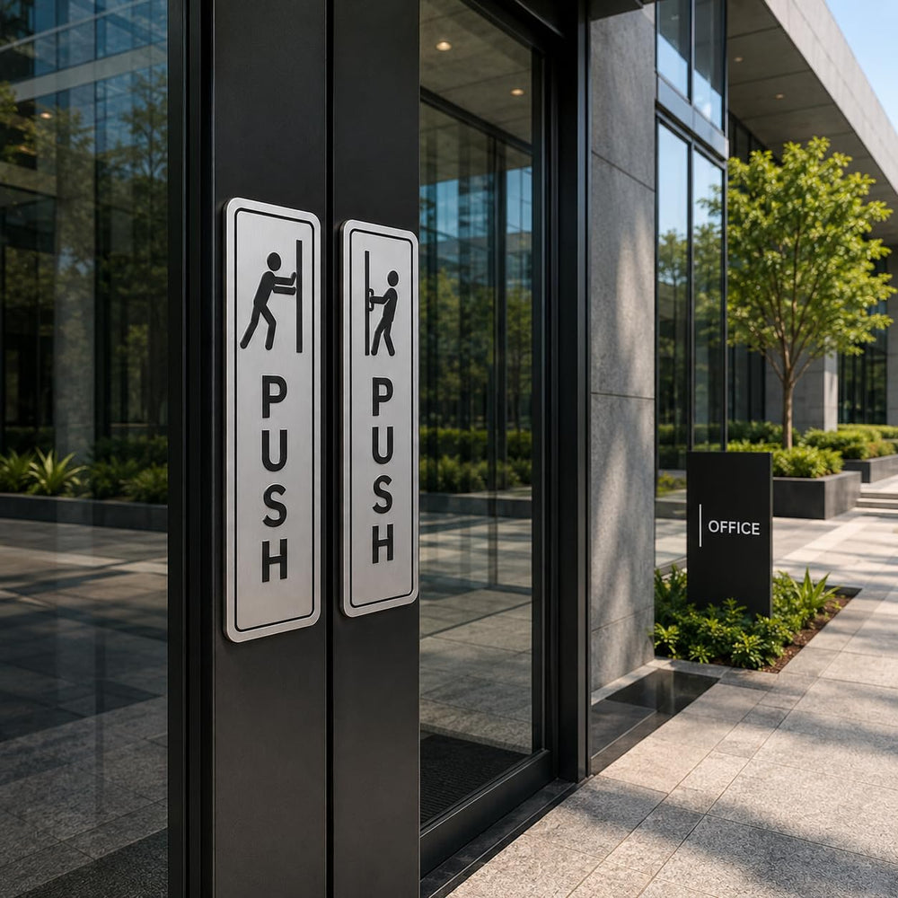 Push Pull Door Sign Set Silver Acrylic – Minimalist Office Door Plaques for Business Entrances, Retail Stores, Restaurants, Glass Doors & Commercial Spaces