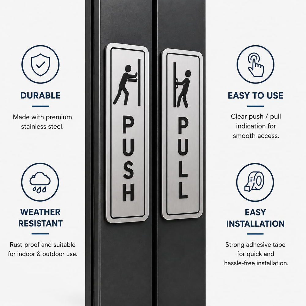 Push Pull Door Sign Set Silver Acrylic – Minimalist Office Door Plaques for Business Entrances, Retail Stores, Restaurants, Glass Doors & Commercial Spaces