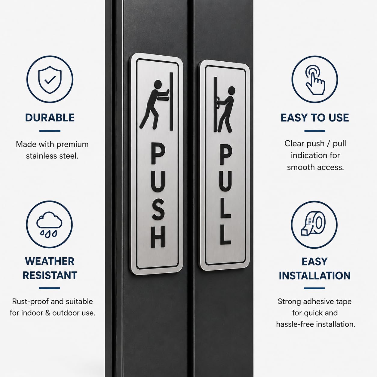 Push Pull Door Sign Set Silver Acrylic – Minimalist Office Door Plaques for Business Entrances, Retail Stores, Restaurants, Glass Doors & Commercial Spaces