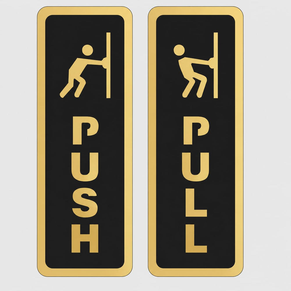 Push Pull Door Sign Set – Acrylic Modern Vertical Office Doors Labels, Gold & Black Push Pull Signs, Self-Adhesive Business Door Signage for Office, Storefront, Restaurant, Glass Door Entrance
