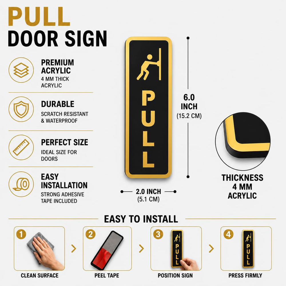 Push Pull Door Sign Set – Acrylic Modern Vertical Office Doors Labels, Gold & Black Push Pull Signs, Self-Adhesive Business Door Signage for Office, Storefront, Restaurant, Glass Door Entrance