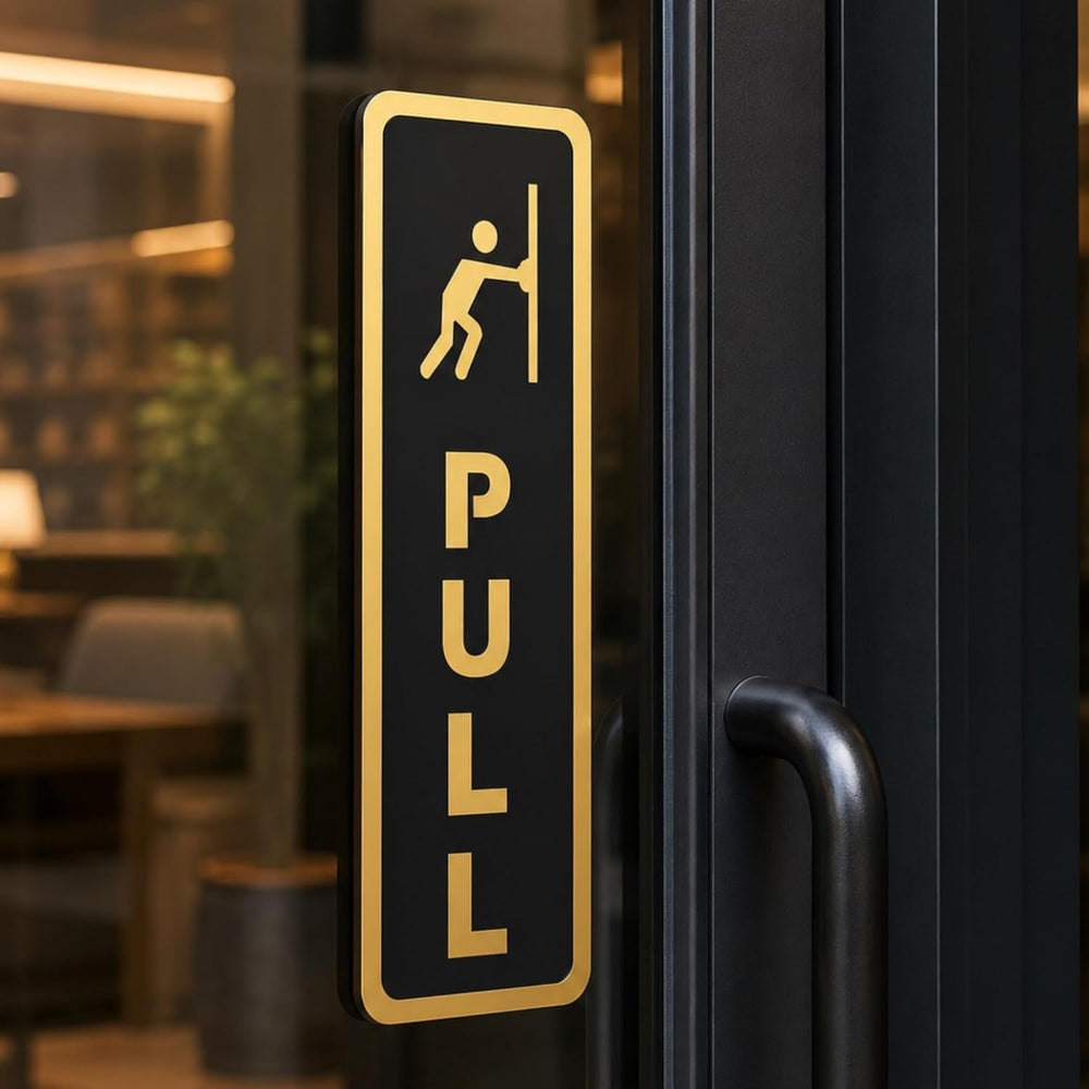 Push Pull Door Sign Set – Acrylic Modern Vertical Office Doors Labels, Gold & Black Push Pull Signs, Self-Adhesive Business Door Signage for Office, Storefront, Restaurant, Glass Door Entrance