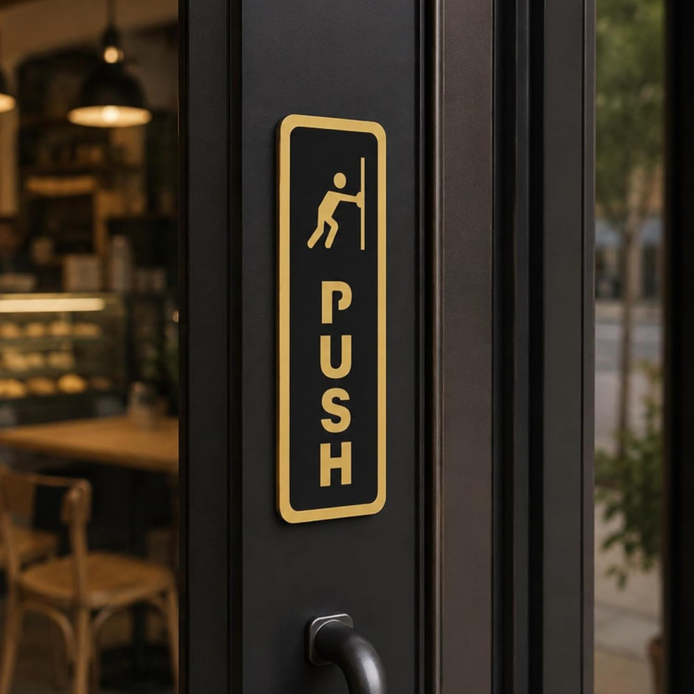 Push Pull Door Sign Set – Acrylic Modern Vertical Office Doors Labels, Gold & Black Push Pull Signs, Self-Adhesive Business Door Signage for Office, Storefront, Restaurant, Glass Door Entrance