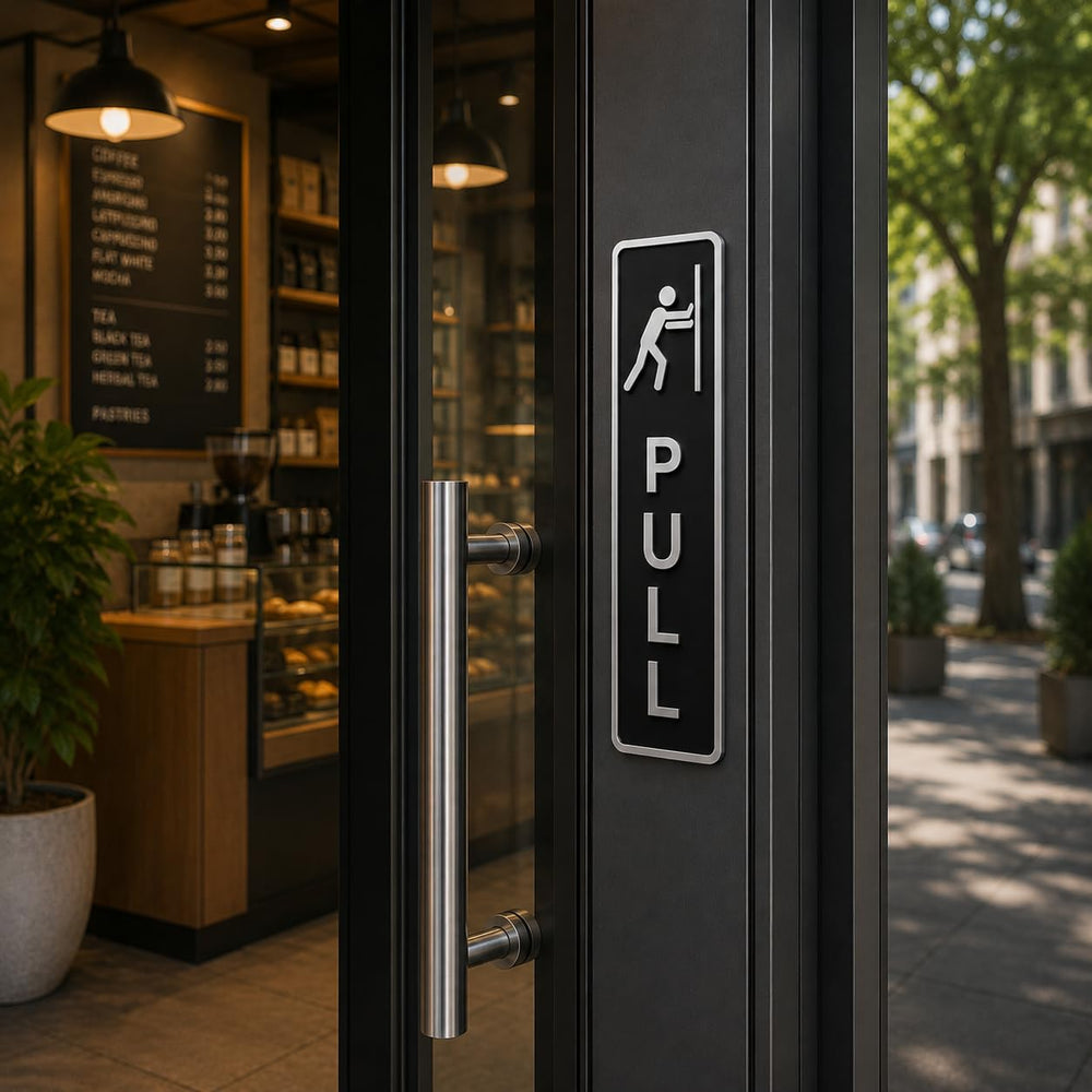 Modern Acrylic Push & Pull Door Sign Set for Office, Shop, Cafe & Business Entrance – Minimalist Black and Silver Acrylic Door Plaques for Commercial Buildings, Retail Stores, Restaurants, Glass Doors, and Contemporary Interior Decor