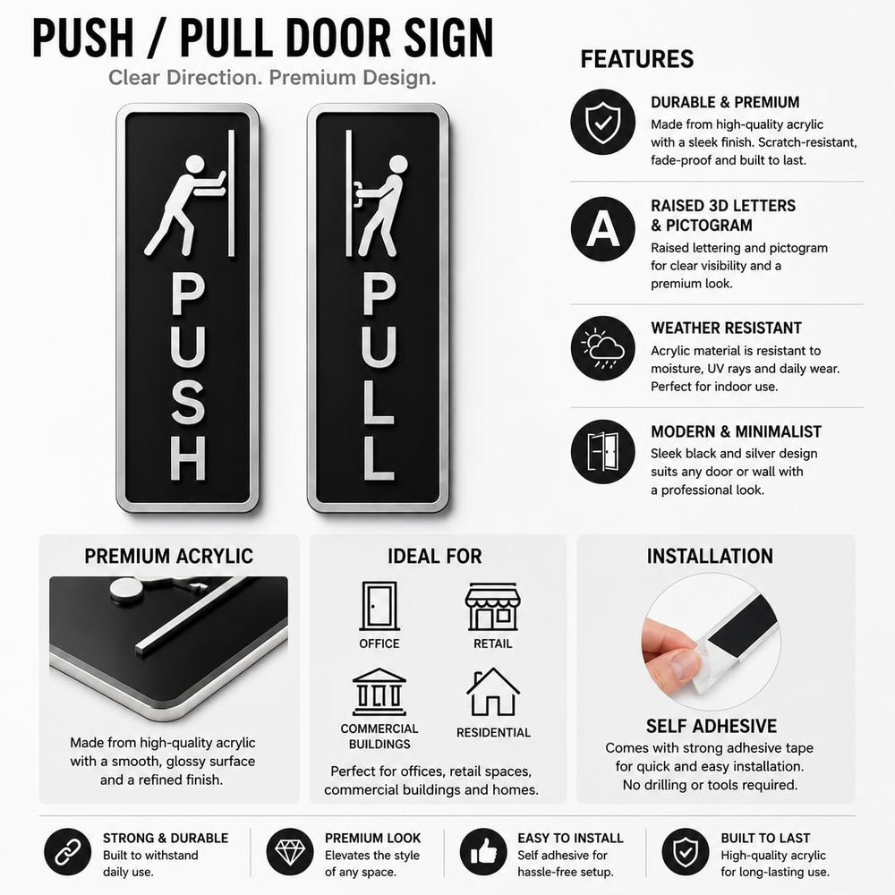 Modern Acrylic Push & Pull Door Sign Set for Office, Shop, Cafe & Business Entrance – Minimalist Black and Silver Acrylic Door Plaques for Commercial Buildings, Retail Stores, Restaurants, Glass Doors, and Contemporary Interior Decor