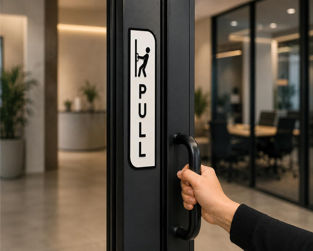 White Acrylic Push pull sign for glass door – Minimalist Vertical Office Door Plaques for Retail Stores, Cafes, Restaurants, Glass Doors & Commercial Entrances
