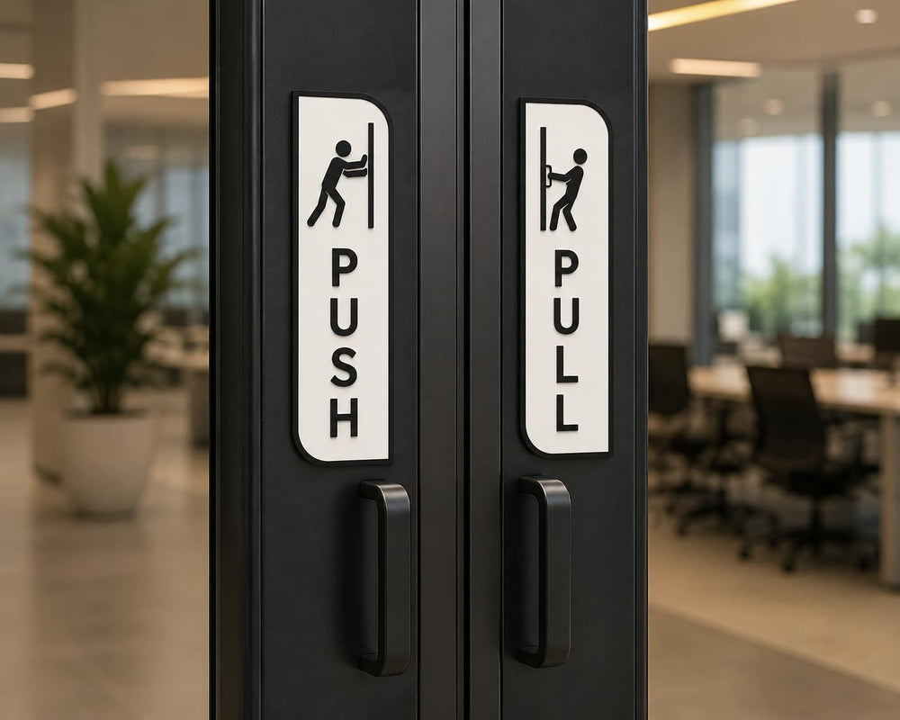White Acrylic Push pull sign for glass door – Minimalist Vertical Office Door Plaques for Retail Stores, Cafes, Restaurants, Glass Doors & Commercial Entrances