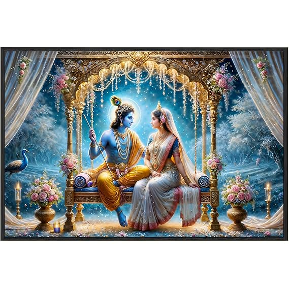 Radha Krishna Jhula Wall Painting for Living Room | Framed Canvas Wall Art for Home Decoration