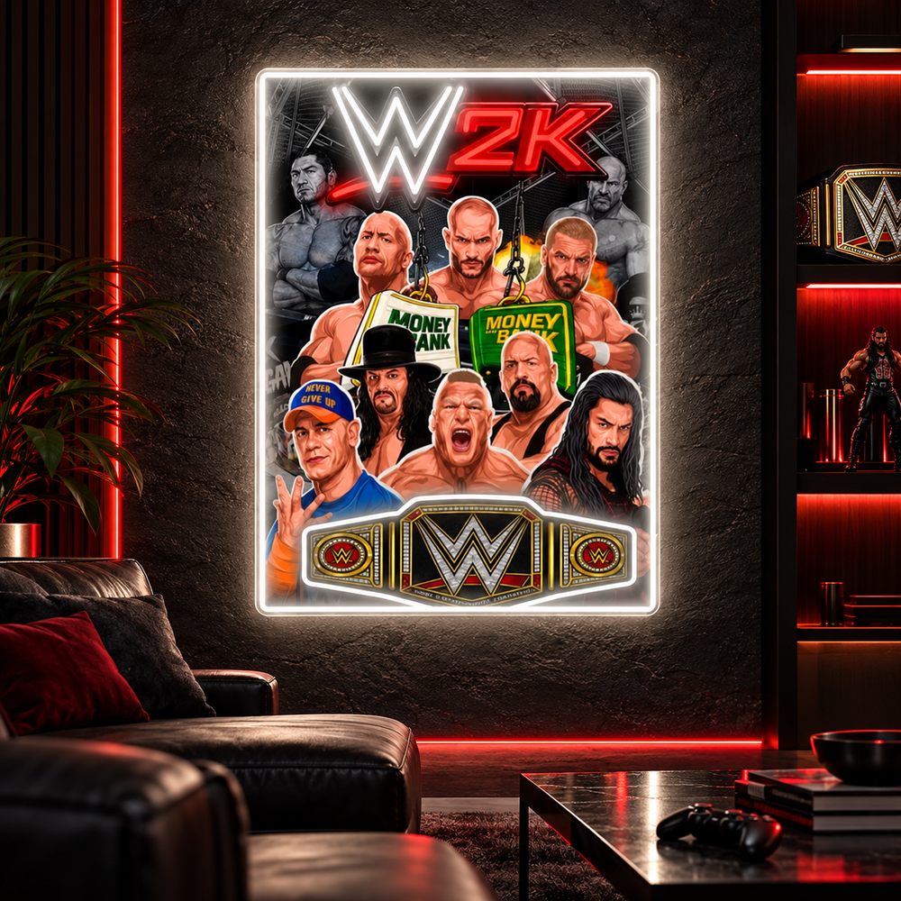 WWE 2K wrestling legends LED neon poster sign in media room