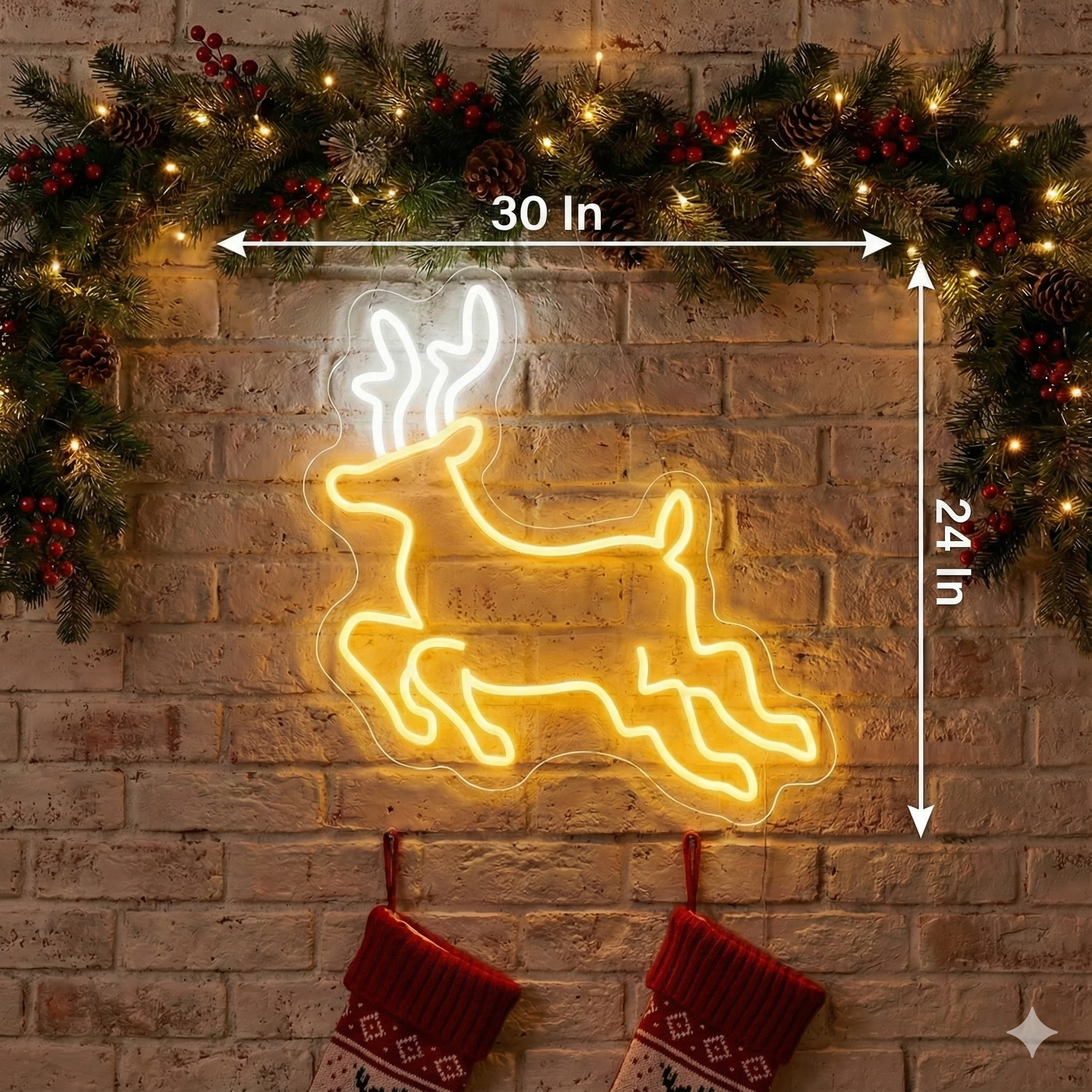 Neon deer sign with dimensions on a brick wall decorated with Christmas lights and garlands.