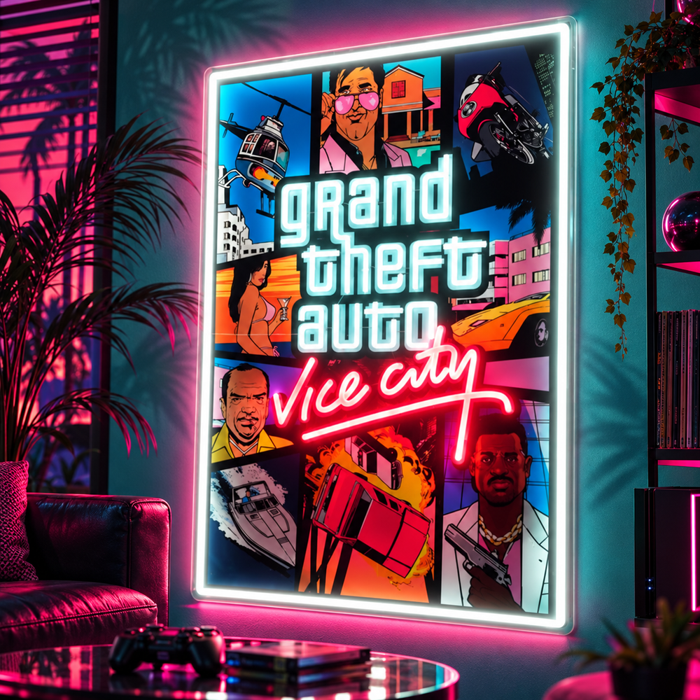 GTA Vice City LED neon poster sign in retro Miami style room