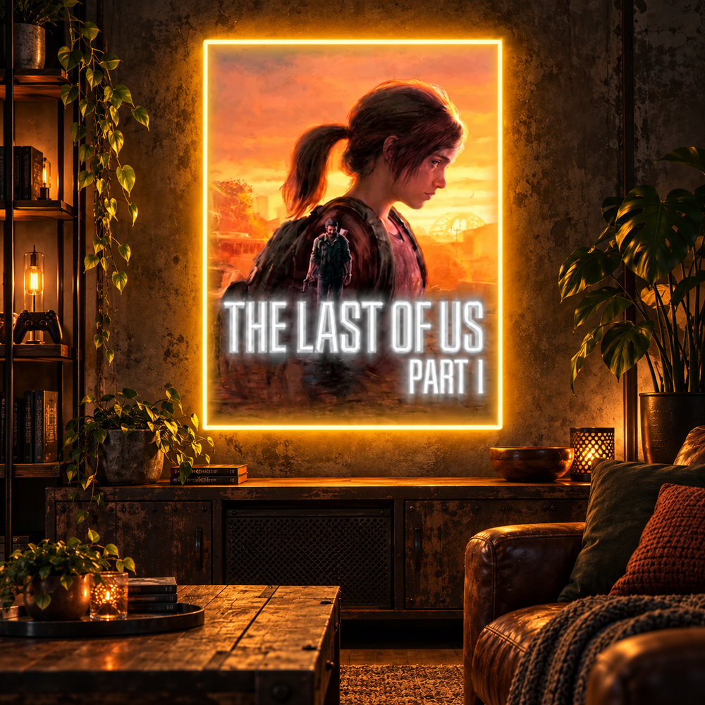 The Last of Us Part I LED neon poster sign in rustic gaming den