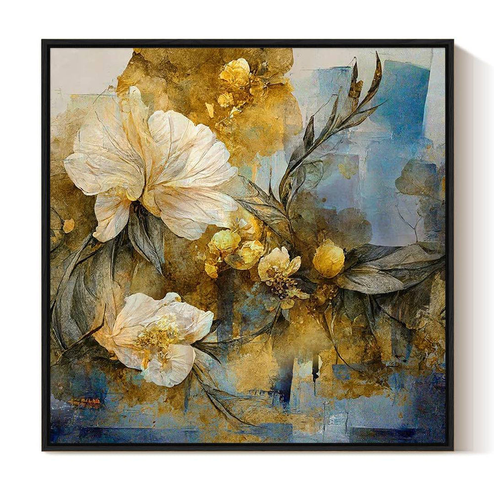 Eurotex White Flower Green Leaf, Framed Wall art for bedroom (36x36 In. Framed Canvas Painting) Eurotex