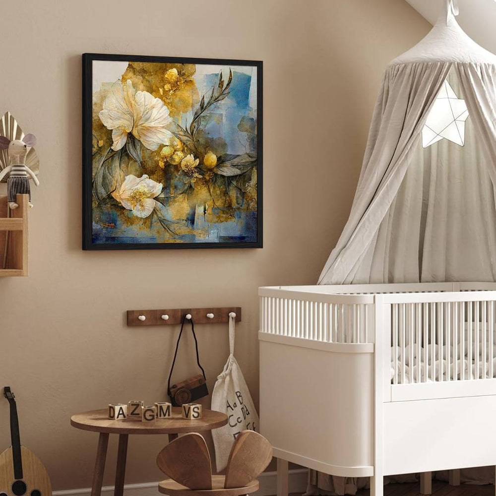 Eurotex White Flower Green Leaf, Framed Wall art for bedroom (36x36 In. Framed Canvas Painting) Eurotex