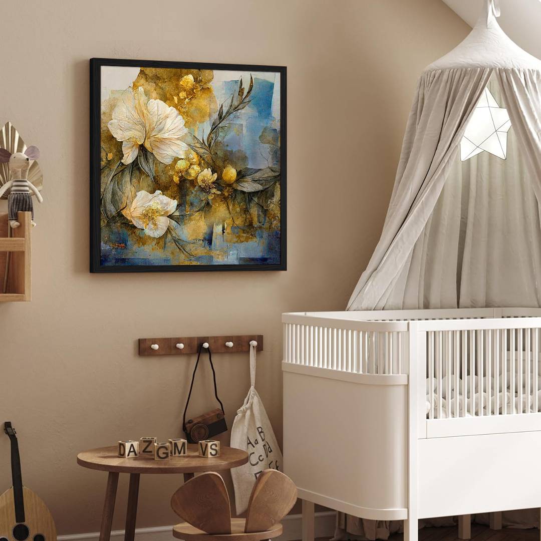 Eurotex White Flower Green Leaf, Framed Wall art for Bedroom (36x36 In. Framed Canvas Painting) Eurotex