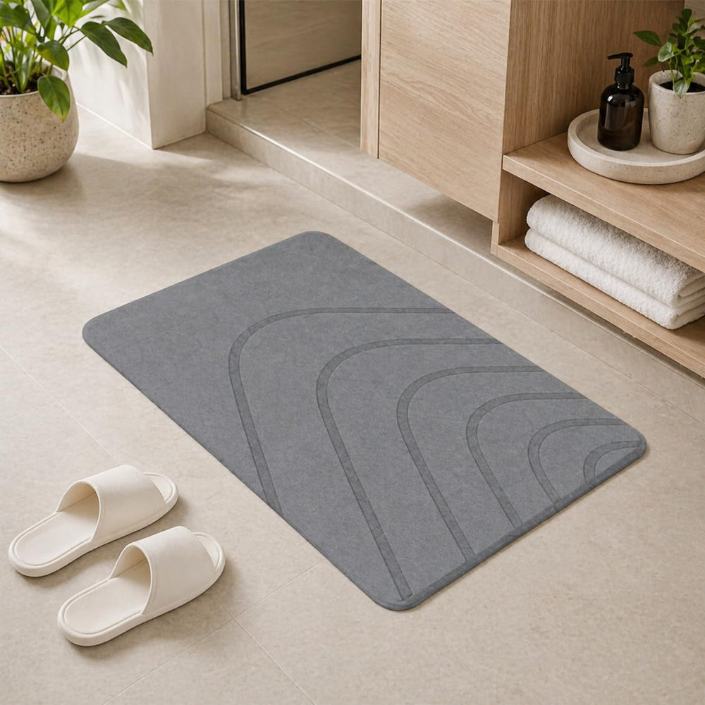 Eurotex Diatomite Stone Bath Mat Grey 60×40 cm | Ultra Fast Drying & Super Absorbent | Anti-Slip Base | Engraved Line Design | Durable Hard Bath Mat with Sanding Paper | Grey
