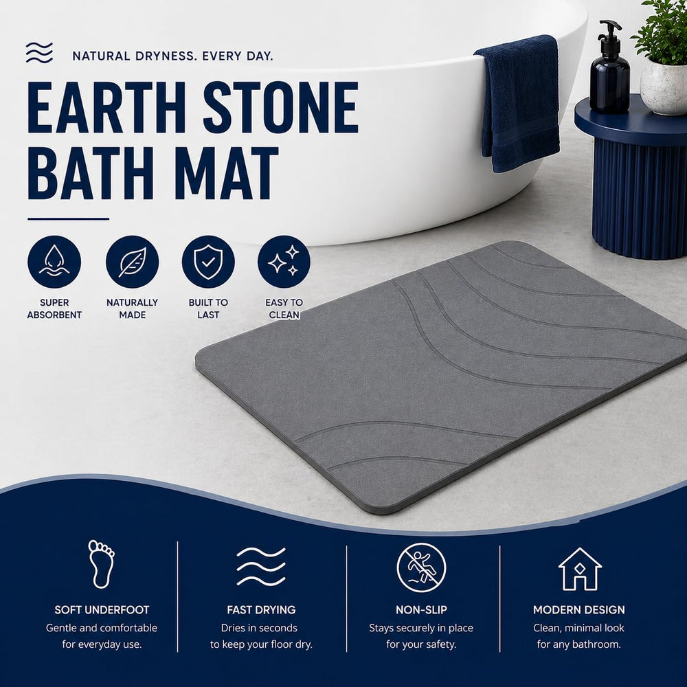 Eurotex Diatomite Stone Bath Mat Grey 60×40 cm | Ultra Fast Drying & Super Absorbent | Anti-Slip Base | Engraved Line Design | Durable Hard Bath Mat with Sanding Paper | Grey