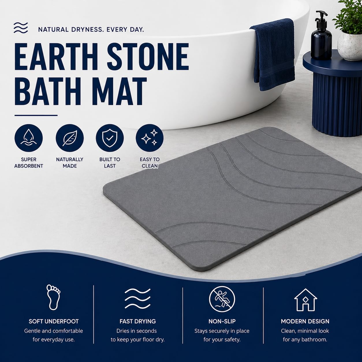 Eurotex Diatomite Stone Bath Mat Grey 60×40 cm | Ultra Fast Drying & Super Absorbent | Anti-Slip Base | Engraved Line Design | Durable Hard Bath Mat with Sanding Paper | Grey