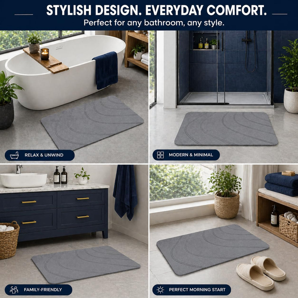 Eurotex Diatomite Stone Bath Mat Grey 60×40 cm | Ultra Fast Drying & Super Absorbent | Anti-Slip Base | Engraved Line Design | Durable Hard Bath Mat with Sanding Paper | Grey