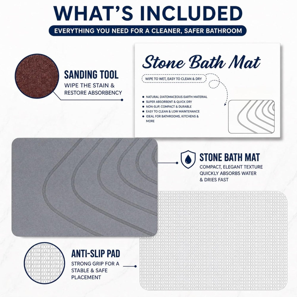 Eurotex Diatomite Stone Bath Mat Grey 60×40 cm | Ultra Fast Drying & Super Absorbent | Anti-Slip Base | Engraved Line Design | Durable Hard Bath Mat with Sanding Paper | Grey