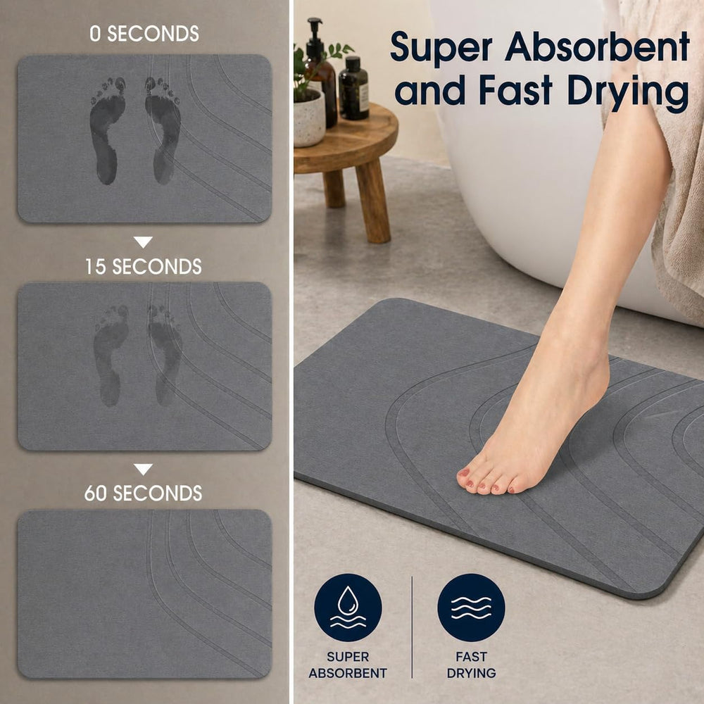 Eurotex Diatomite Stone Bath Mat Grey 60×40 cm | Ultra Fast Drying & Super Absorbent | Anti-Slip Base | Engraved Line Design | Durable Hard Bath Mat with Sanding Paper | Grey