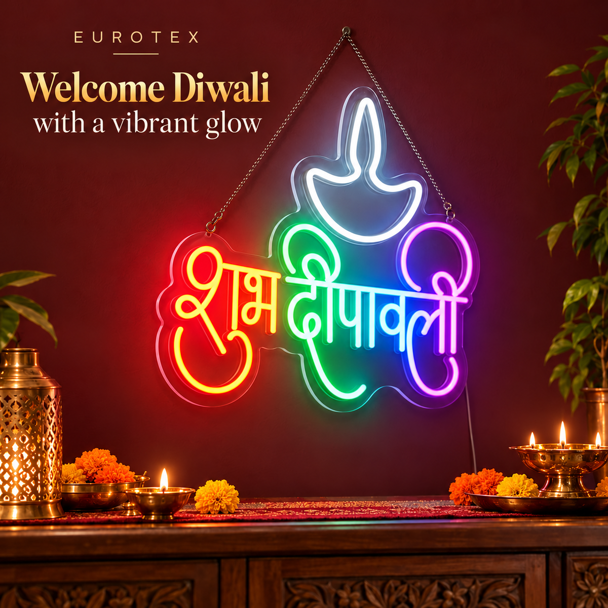 Shubh Diwali LED Neon Sign with Diya – Subh Deepawali Led Neon Sign Multicolor Wall Decor