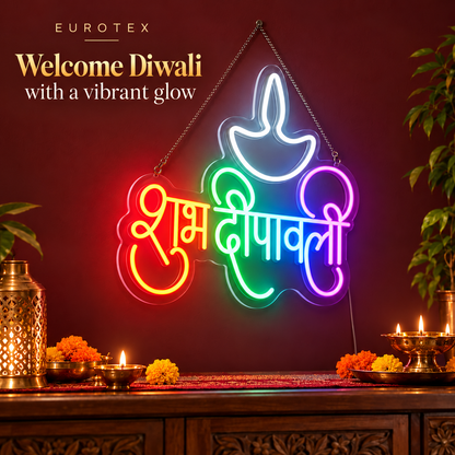 Shubh Diwali LED Neon Sign with Diya – Subh Deepawali Led Neon Sign Multicolor Wall Decor