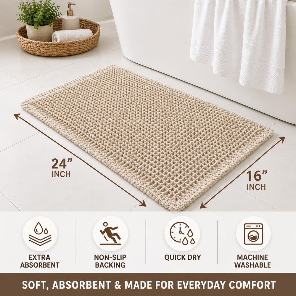 Waffle Weave Bath Mat 24 x 16 Inch, Ultra Soft Plush Absorbent Bathroom Rug, Anti-Skid Non-Slip Backing, Fast Dry, Machine Washable Bath Carpet for Shower, Tub, Floor, Spa, Hotel, Home Décor