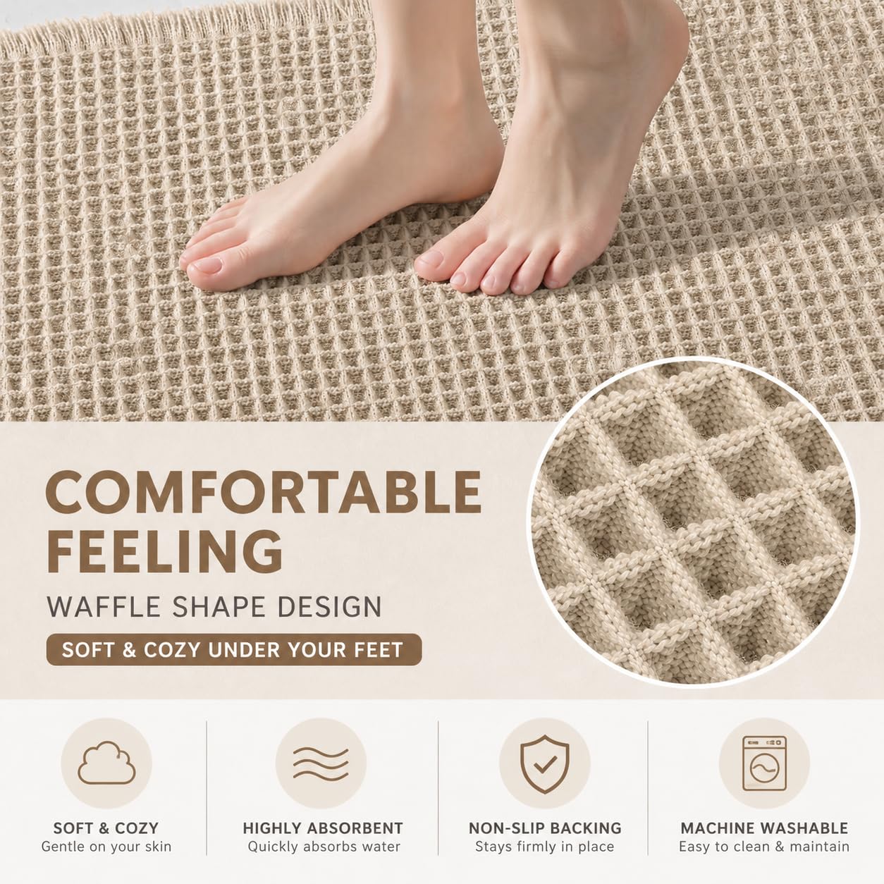 Waffle Weave Bath Mat 24 x 16 Inch, Ultra Soft Plush Absorbent Bathroom Rug, Anti-Skid Non-Slip Backing, Fast Dry, Machine Washable Bath Carpet for Shower, Tub, Floor, Spa, Hotel, Home Décor