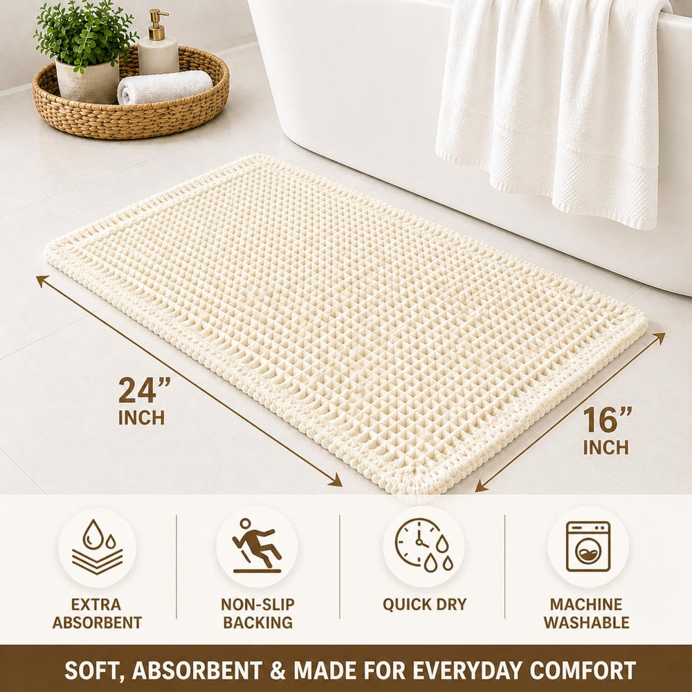 Waffle Weave Bath Mat 24 x 16 Inch, Ultra Soft Plush Absorbent Bathroom Rug, Anti-Skid Non-Slip Backing, Fast Dry, Machine Washable Bath Carpet for Shower, Tub, Floor, Spa, Hotel, Home Décor