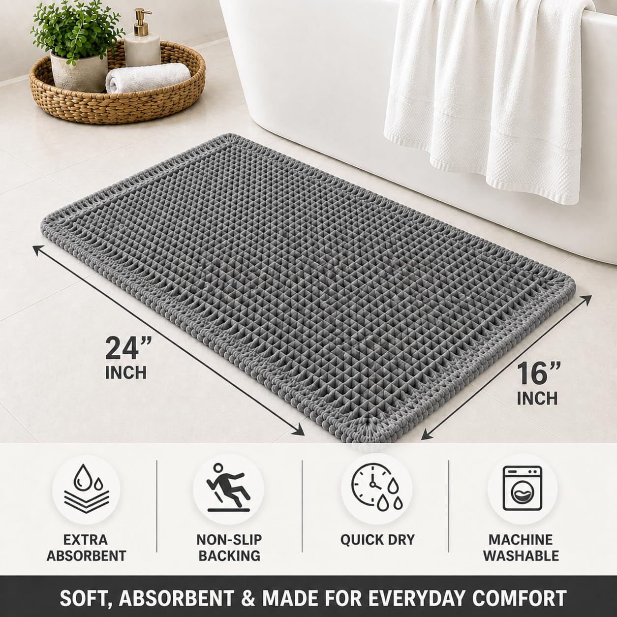 Waffle Weave Bath Mat 24 x 16 Inch, Ultra Soft Plush Absorbent Bathroom Rug, Anti-Skid Non-Slip Backing, Fast Dry, Machine Washable Bath Carpet for Shower, Tub, Floor, Spa, Hotel, Home Décor