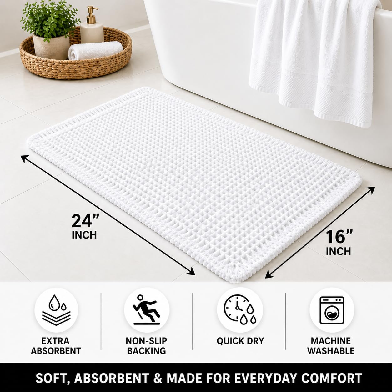 Waffle Weave Bath Mat 24 x 16 Inch, Ultra Soft Plush Absorbent Bathroom Rug, Anti-Skid Non-Slip Backing, Fast Dry, Machine Washable Bath Carpet for Shower, Tub, Floor, Spa, Hotel, Home Décor