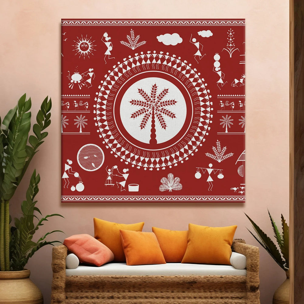 Scarlet ember, Warli Art, Framed Abstract Canvas Wall Art for Bedroom Eurotex