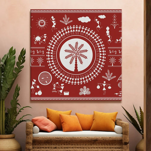 Scarlet ember, Warli Art, Framed Abstract Canvas Wall Art for Bedroom
