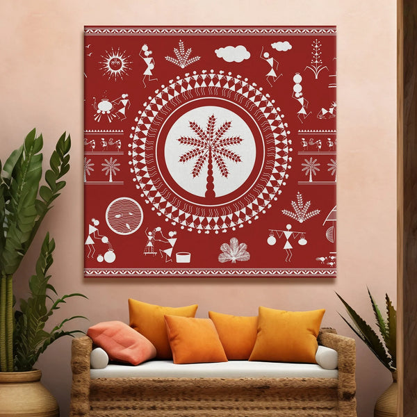 Scarlet ember, Warli Art, Framed Abstract Canvas Wall Art for Bedroom