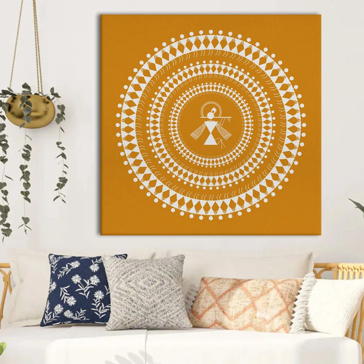Golden Amber, Warli Art, Framed Abstract Canvas Wall Art for Bedroom