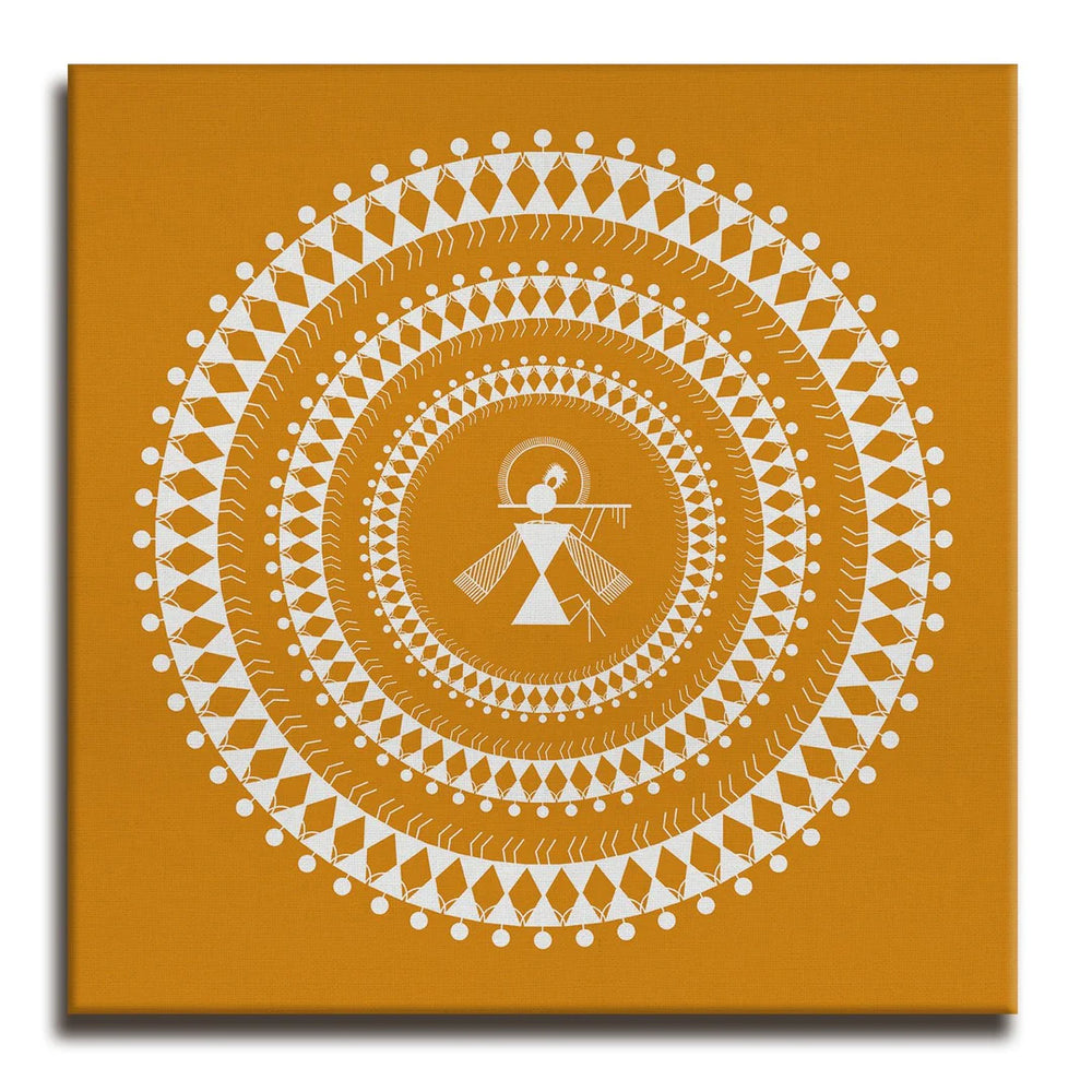 Golden Amber, Warli Art, Framed Abstract Canvas Wall Art for Bedroom Eurotex