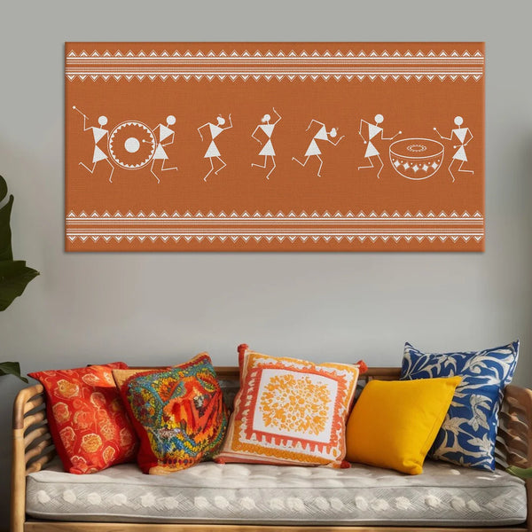 Russet Bronze, Warli Art, Framed Abstract Canvas Wall Art for Bedroom