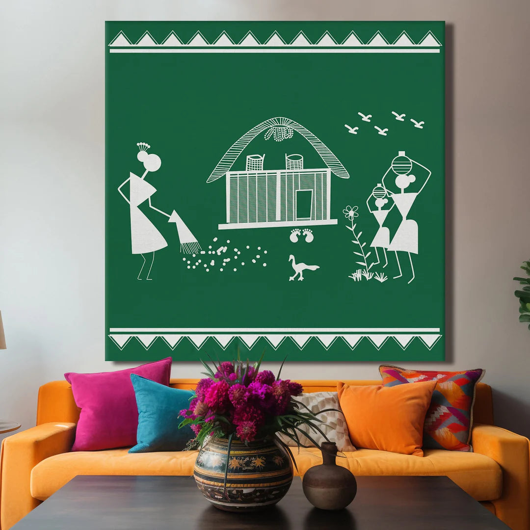 Forest Green, Warli Art, Framed Abstract Canvas Wall Art for Bedroom