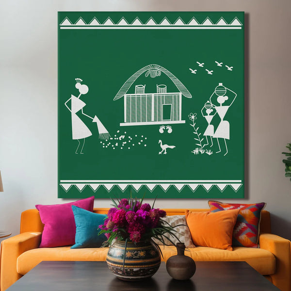 Forest Green, Warli Art, Framed Abstract Canvas Wall Art for Bedroom