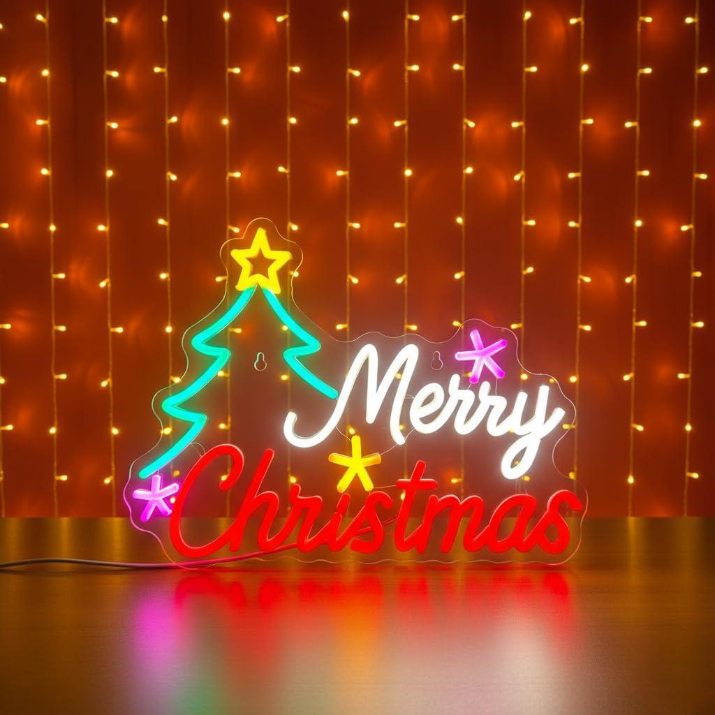 Merry Christmas Tree & Star Neon Signs | Merry Xmas Neon Sign (24In x 18In)