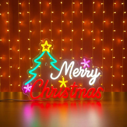 Merry Christmas Tree & Star Neon Signs | Merry Xmas Neon Sign (24In x 18In)