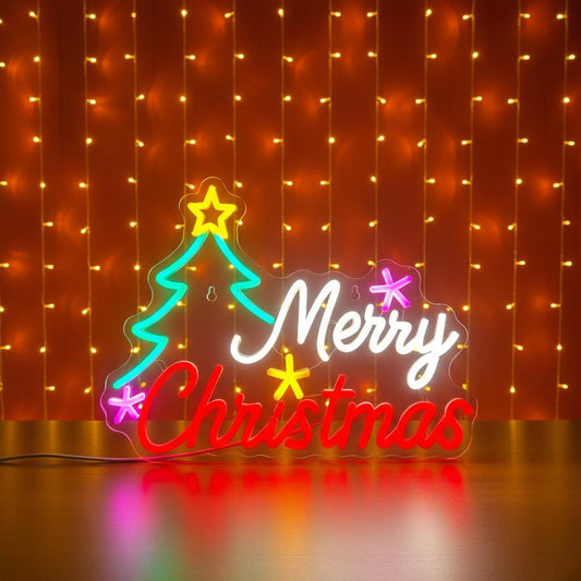 Merry Christmas Tree & Star Neon Signs | Merry Xmas Neon Sign (24In x 18In)