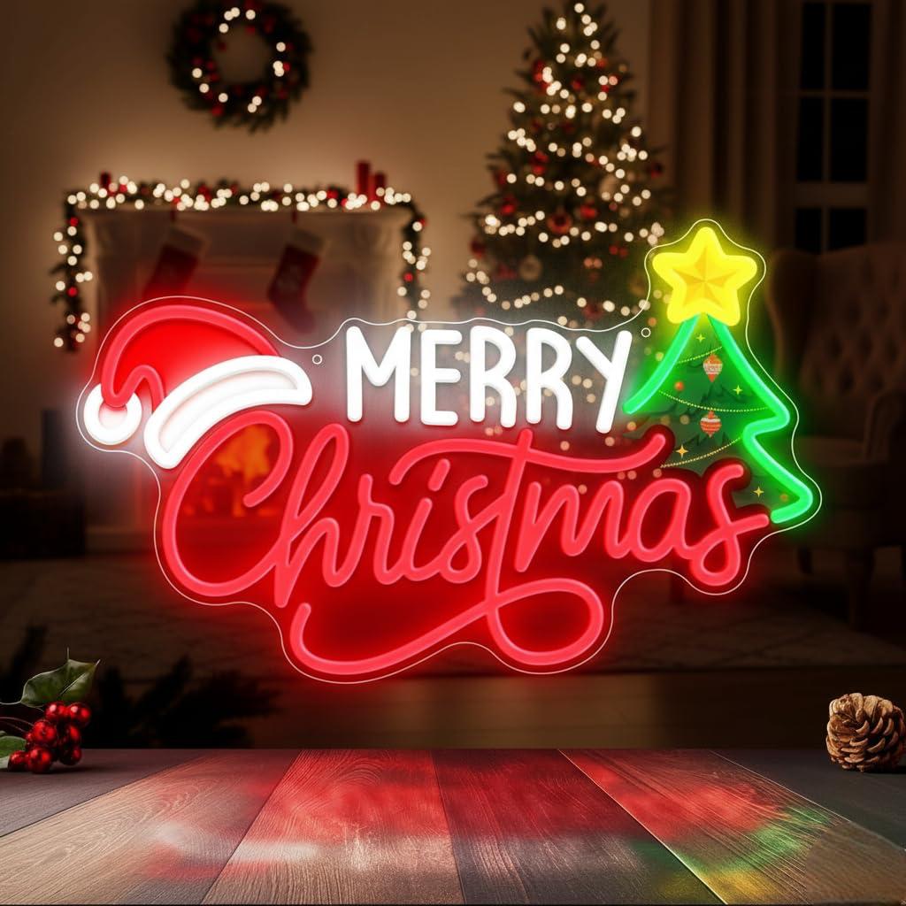Merry Christmas Cap & Tree | Neon Signs Personalized LED Festive Neon Lights (30In x 18In)
