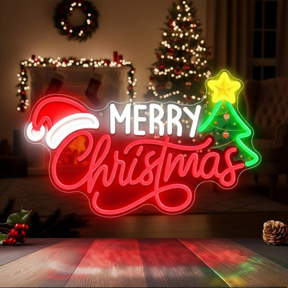 Merry Christmas Cap & Tree | Neon Signs Personalized LED Festive Neon Lights (30In x 18In)