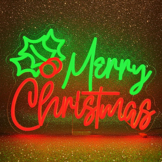 Merry Christmas With Leaf Neon Signs | Custom Christmas Neon Signs (24In x 18In)