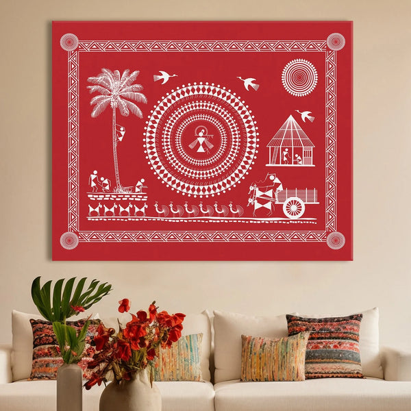Crimson Blush, Warli Art, Framed Abstract Canvas Wall Art for Bedroom