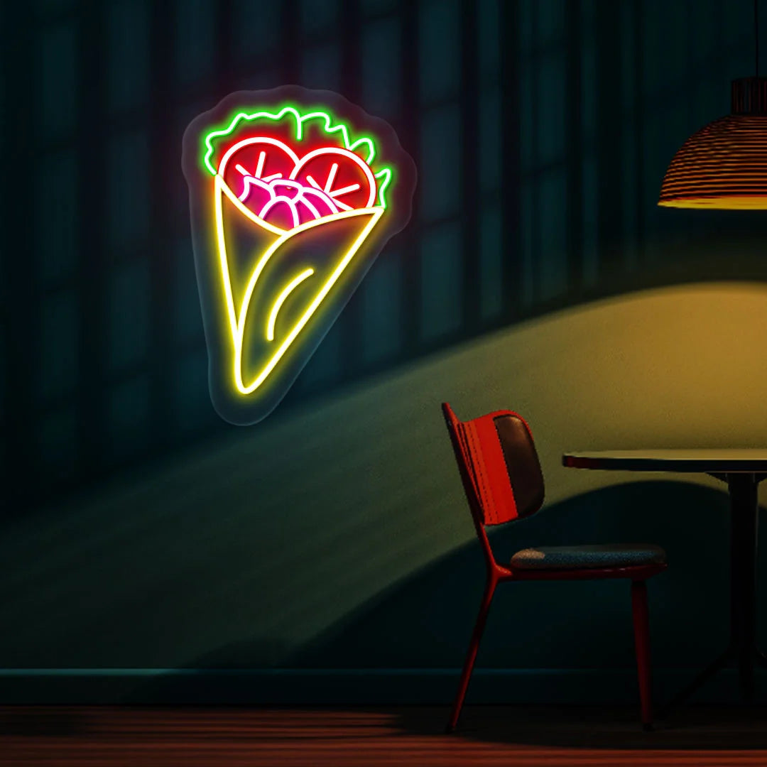 Neon sign of a pizza slice on a wall in a dimly lit room with a chair and table.