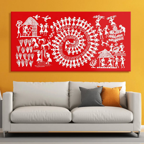 Red Landscape, Warli Art, Framed Abstract Canvas Wall Art for Bedroom