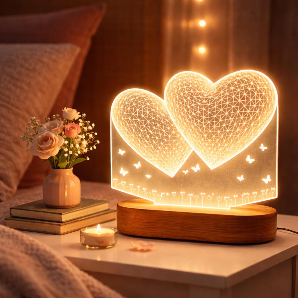 Eurotex Custom Double Heart Led Lamp for Couple And Gift